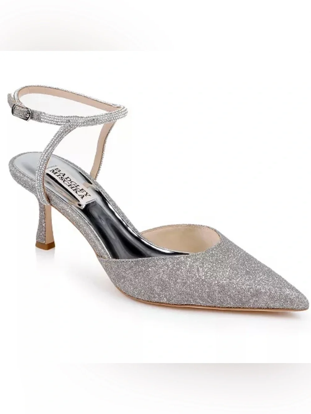 Badgley Mischka Autumn Silver Glitter Pointed Toe Mid-Heel Pump with Ankle Strap